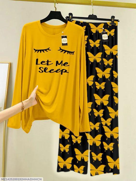 Women Printed Night Suit Yellow Butterfly Pattern