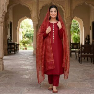 Red Katan Silk Women’s 3-Piece Suit Set
