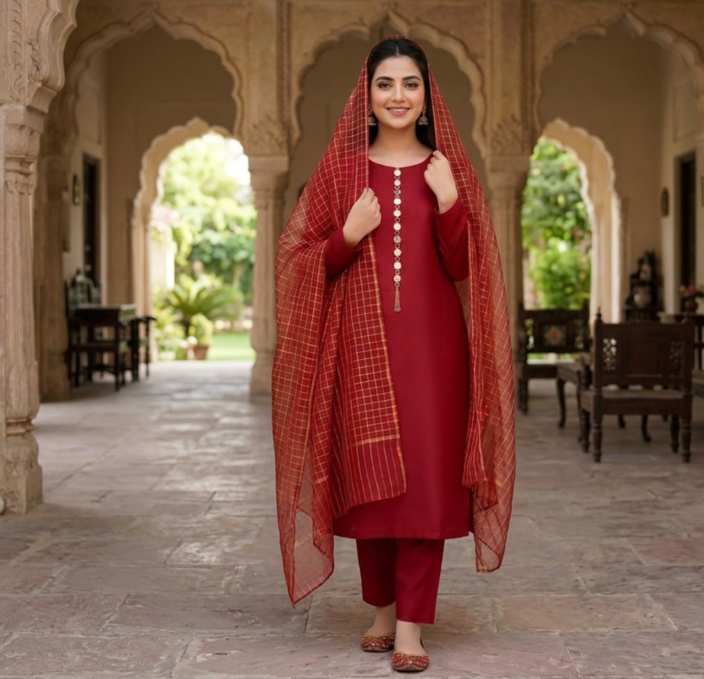 Red Katan Silk Women's 3-Piece Suit Set