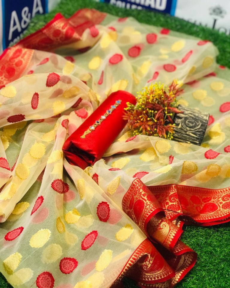 Women's 3Pc Red Katan Silk Unstitched Suit with Organza Dupatta