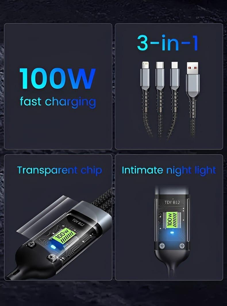 100W Fast Charging 3 in 1 Cable Black