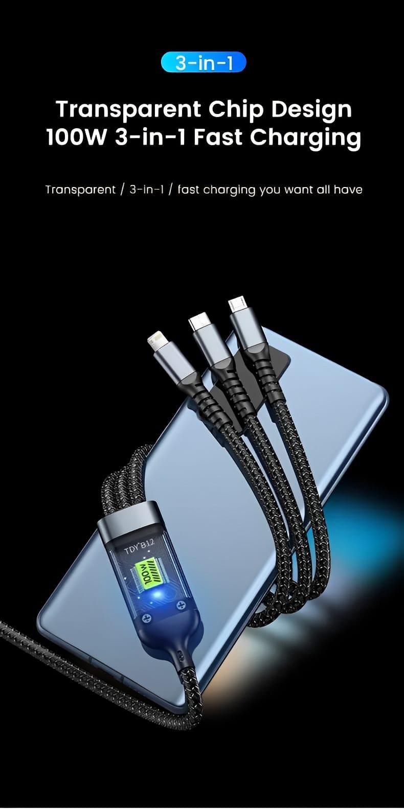 100W Fast Charging 3 in 1 Cable Black