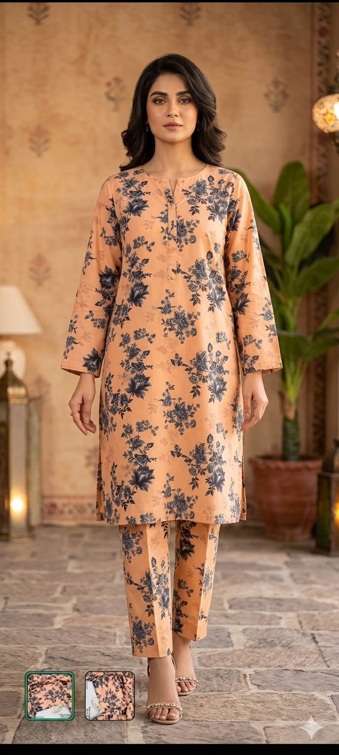 Polo Cotton Floral 2Pc Suit Peach