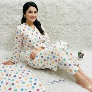 Pakistani Printed 2-Piece Cotton Pajama Set White