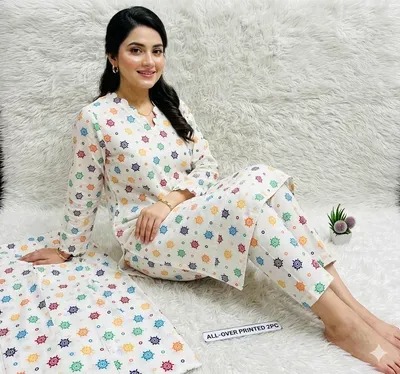 Pakistani Printed 2-Piece Cotton Pajama Set White