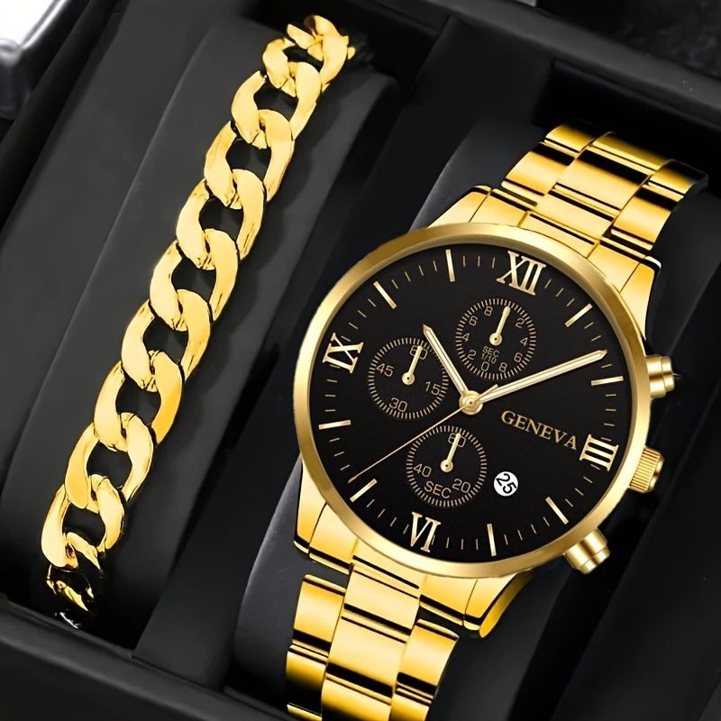 Business Men's New Popular Steel Strip Fashion Quartz Watch Bracelet Set