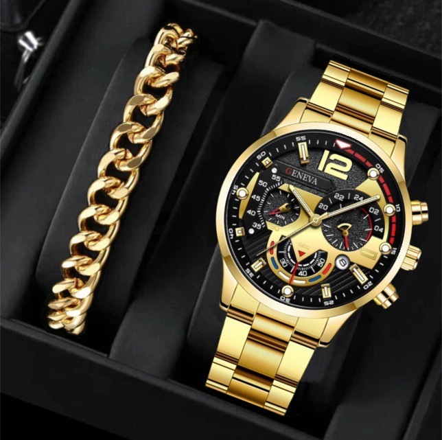 Business Men's New Popular Steel Strip Fashion Quartz Watch Bracelet Set