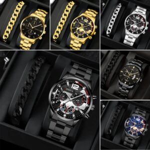 Business Men’s New Popular Steel Strip Fashion Quartz Watch Bracelet Set