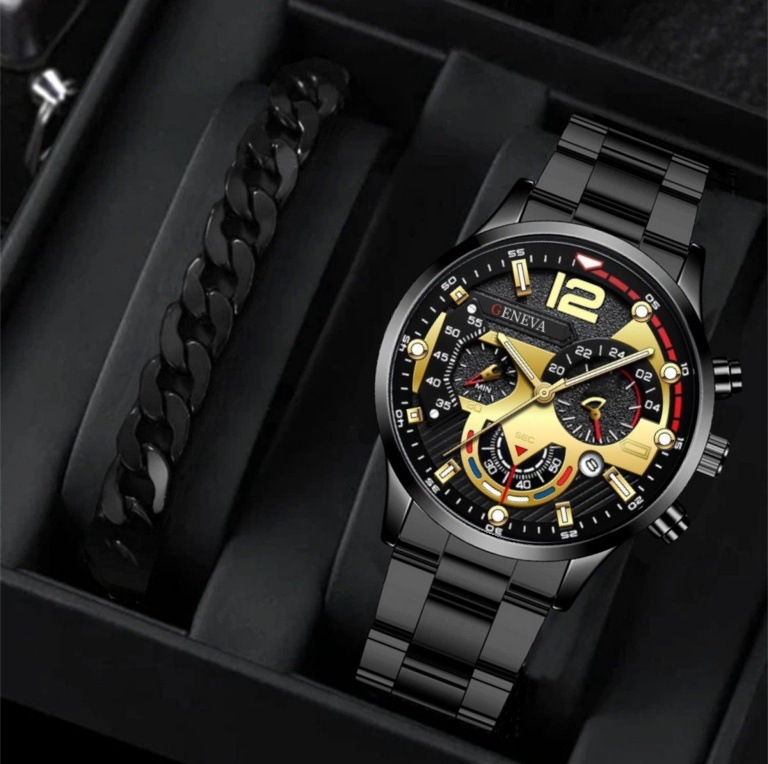Business Men's New Popular Steel Strip Fashion Quartz Watch Bracelet Set