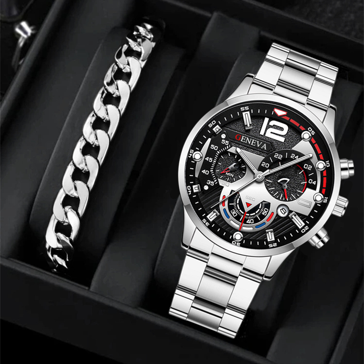 Business Men's New Popular Steel Strip Fashion Quartz Watch Bracelet Set