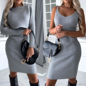 2pcs Suit Women’s Solid Stripe Long-sleeved Top